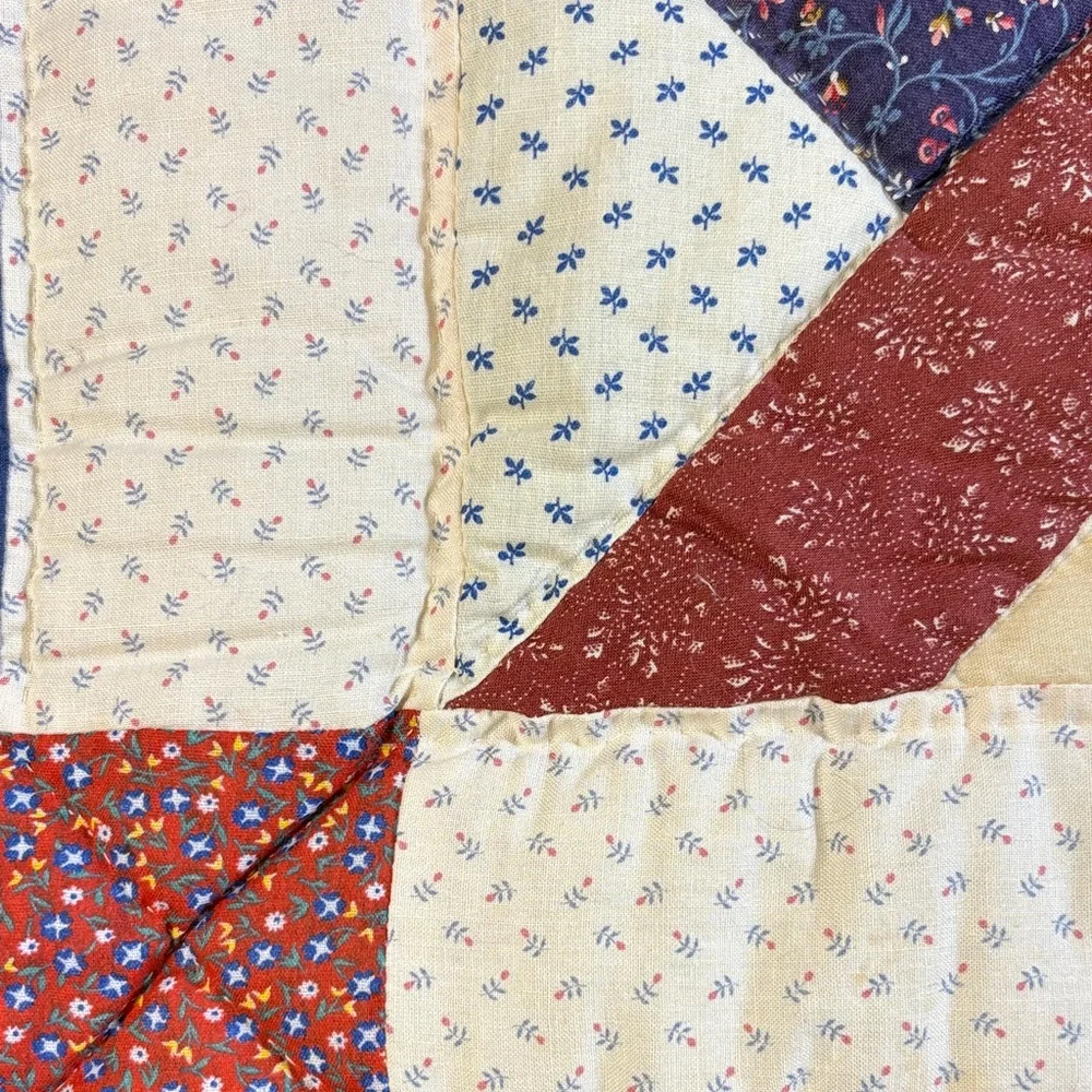 Handmade Vintage Sampler‎ Quilt Blue Border Hearts Fan Pinwheel Americana Decor